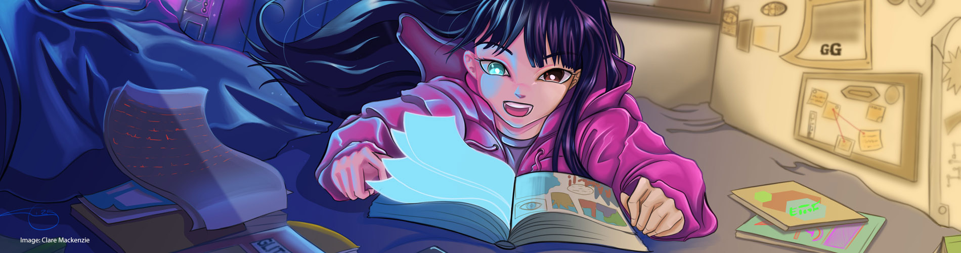 Comic strip picture of person reading a book