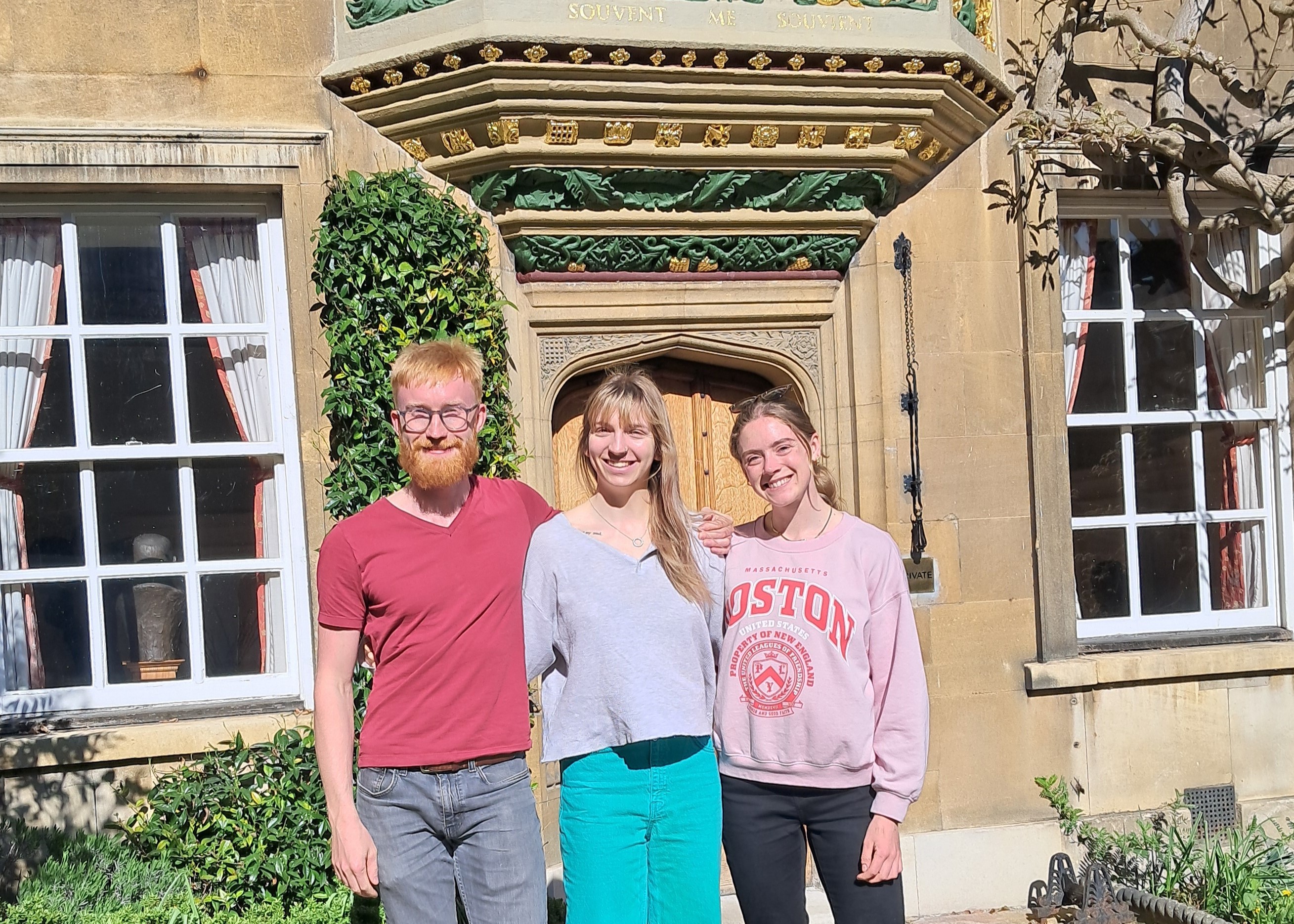 Alex, Katy and Eugenie in front of Master's Lodge